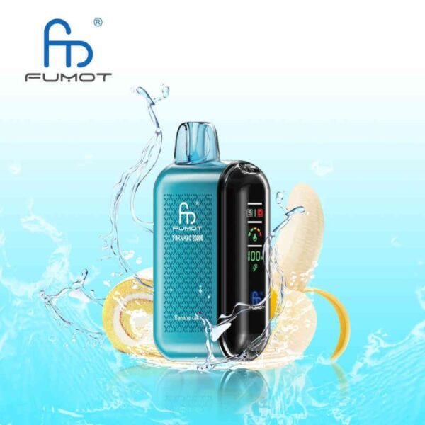 Fumot Tornado 20000 Banana Cake: ripe banana + warm vanilla cake. 20ml, 850mAh, USB-C, dual mesh coil, 2%/5% nic, 20K puffs.