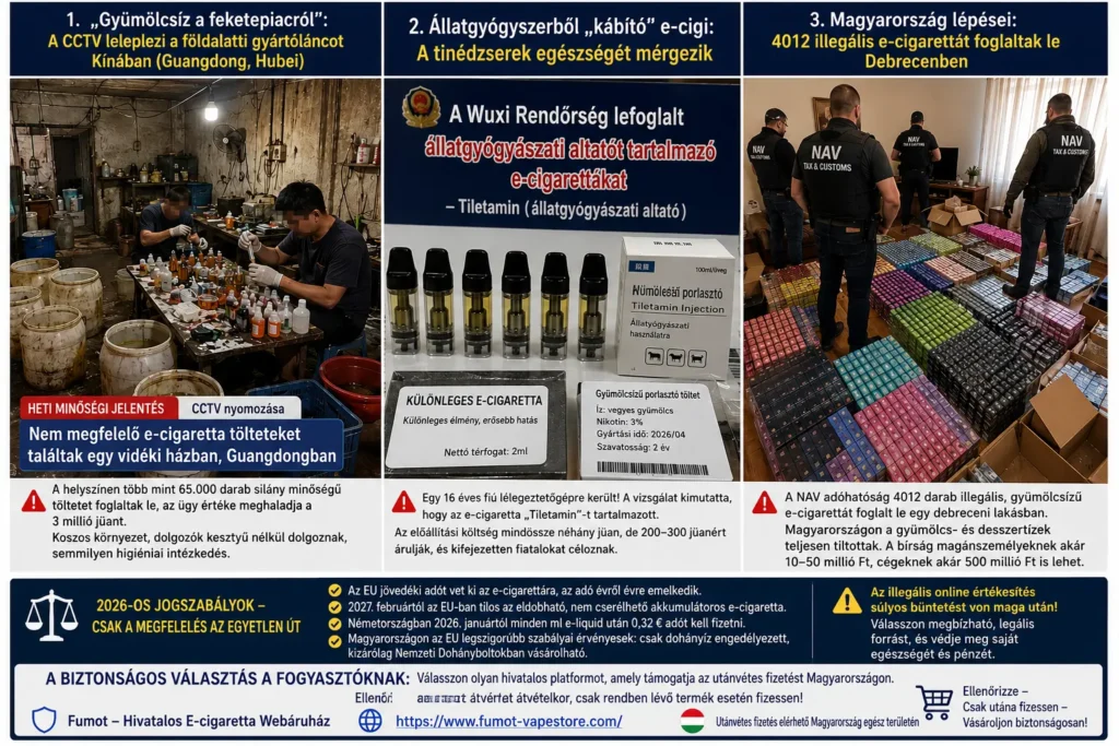 2026 májusában a térfigyelő kamerák illegális e-cigaretta műhelyeket és állatgyógyászati ​​​​ügyeket lepleztek le! 4012 illegális e-cigarettát foglaltak le Debrecenben, Magyarországon. Ez a "Magyarország utánvétes e-cigaretta feketepiaci hírei 2026" című cikk elmagyarázza, hogyan kerülheti el a hamisított termékeket, és vásárolhat magabiztosan eredeti termékeket.
