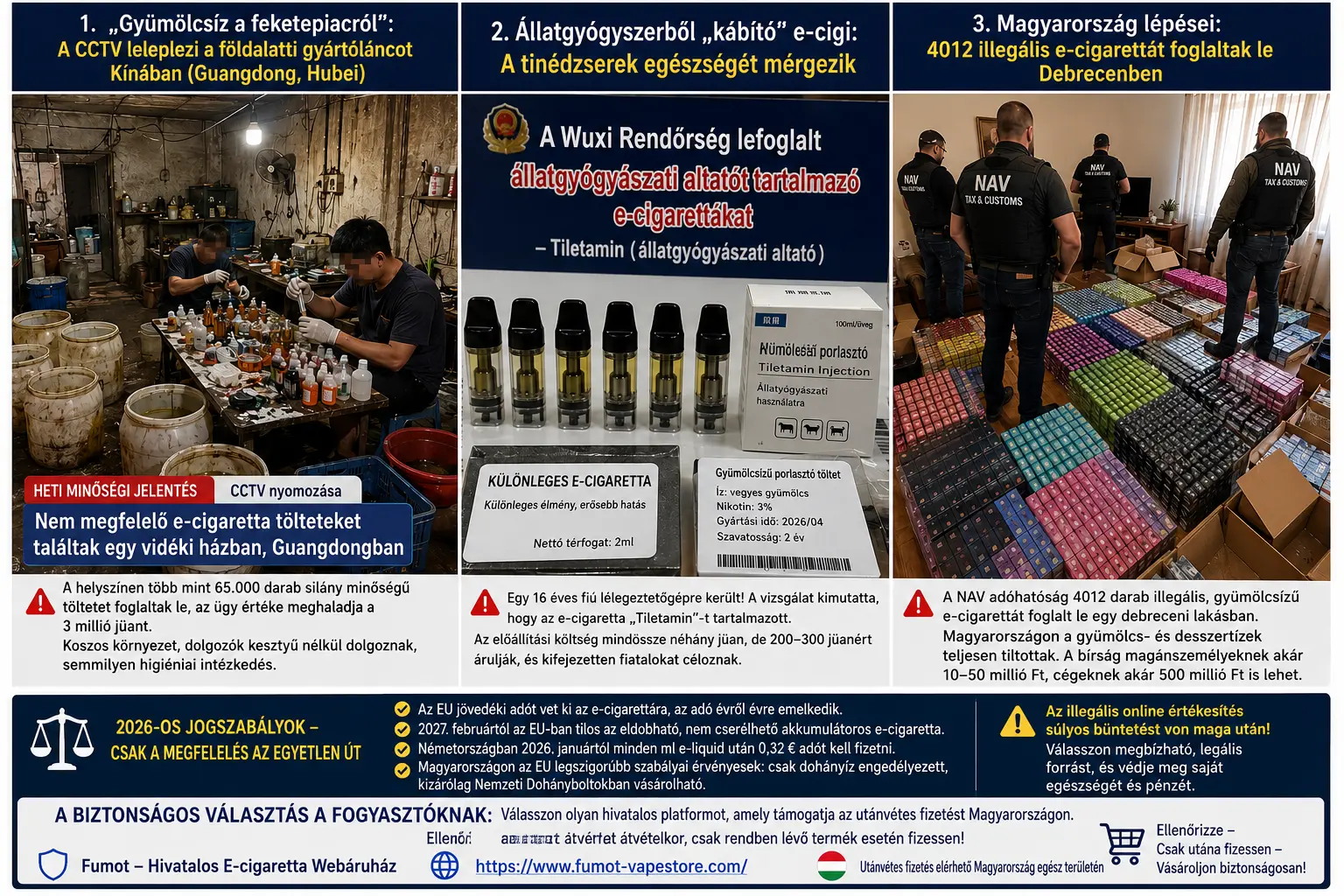 2026 májusában a térfigyelő kamerák illegális e-cigaretta műhelyeket és állatgyógyászati ügyeket lepleztek le! 4012 illegális e-cigarettát foglaltak le Debrecenben, Magyarországon. Ez a "Magyarország utánvétes e-cigaretta feketepiaci hírei 2026" című cikk elmagyarázza, hogyan kerülheti el a hamisított termékeket, és vásárolhat magabiztosan eredeti termékeket.